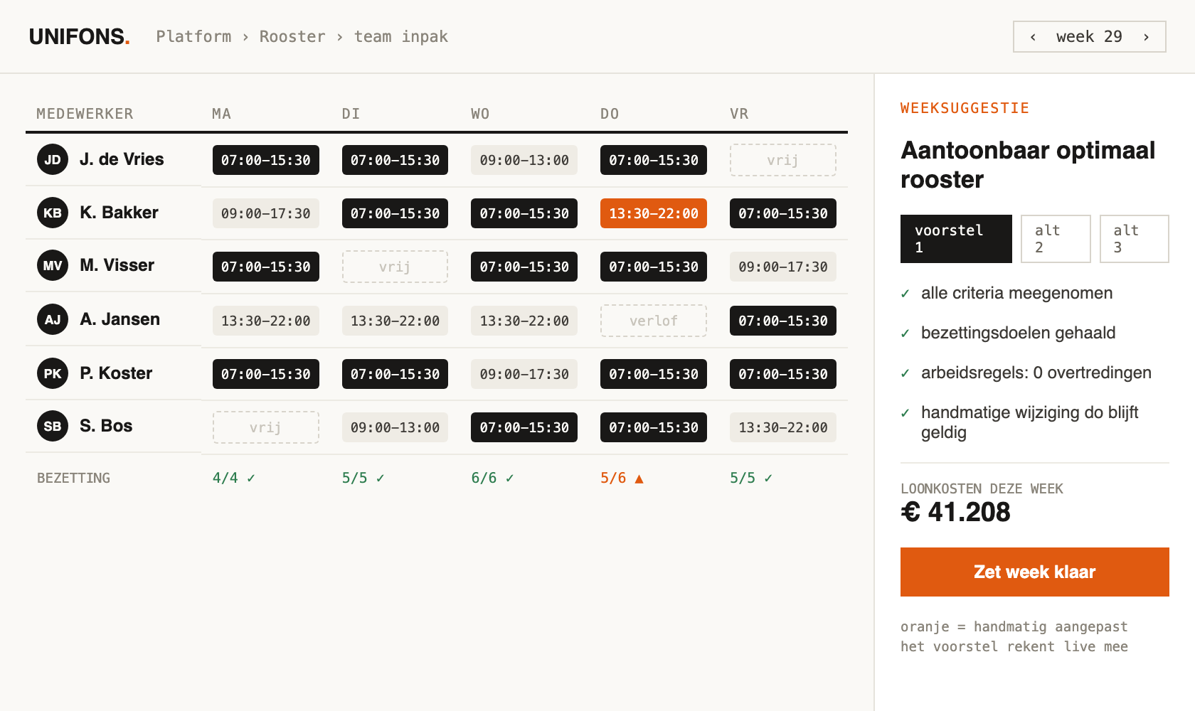 Unifons Platform: roster with week suggestion, demonstrably optimal and live-validated labour rules